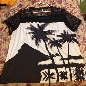 Cool goth “Hawaiian” shirt with mesh cut on shoulders and neck, black/white